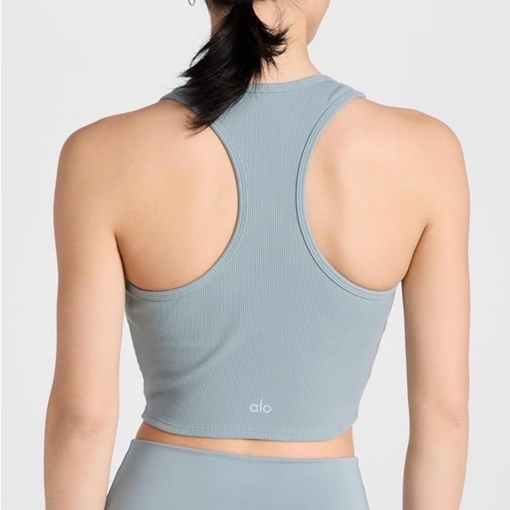 ALO Yoga Goddess Ribbed Crop Racerback Tank Cosmic Grey - Picture 2 of 7